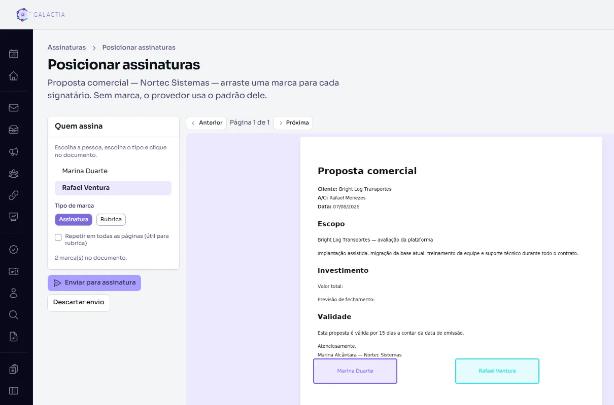 Tela do Galactia para posicionar assinaturas: o documento aberto com duas marcas no rodapé, uma para cada signatário