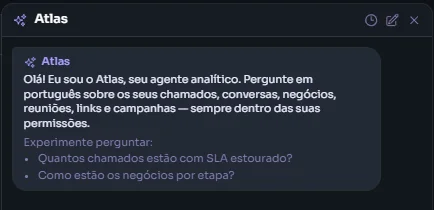 Atlas, o agente analítico do Galactia, se apresentando e sugerindo perguntas como quantos chamados estão com SLA estourado